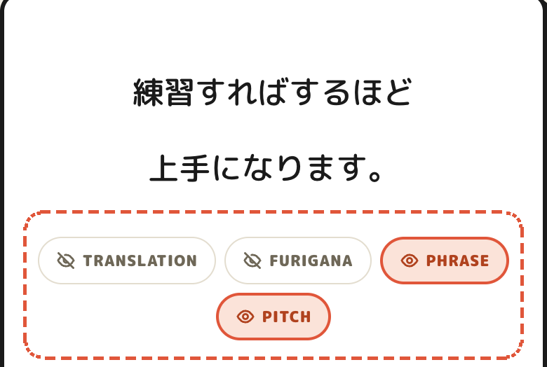 The top of the room: the phrase, and below it four pill-shaped
              switches — Translation, Furigana, Phrase, Pitch — outlined with
              a dashed highlight.